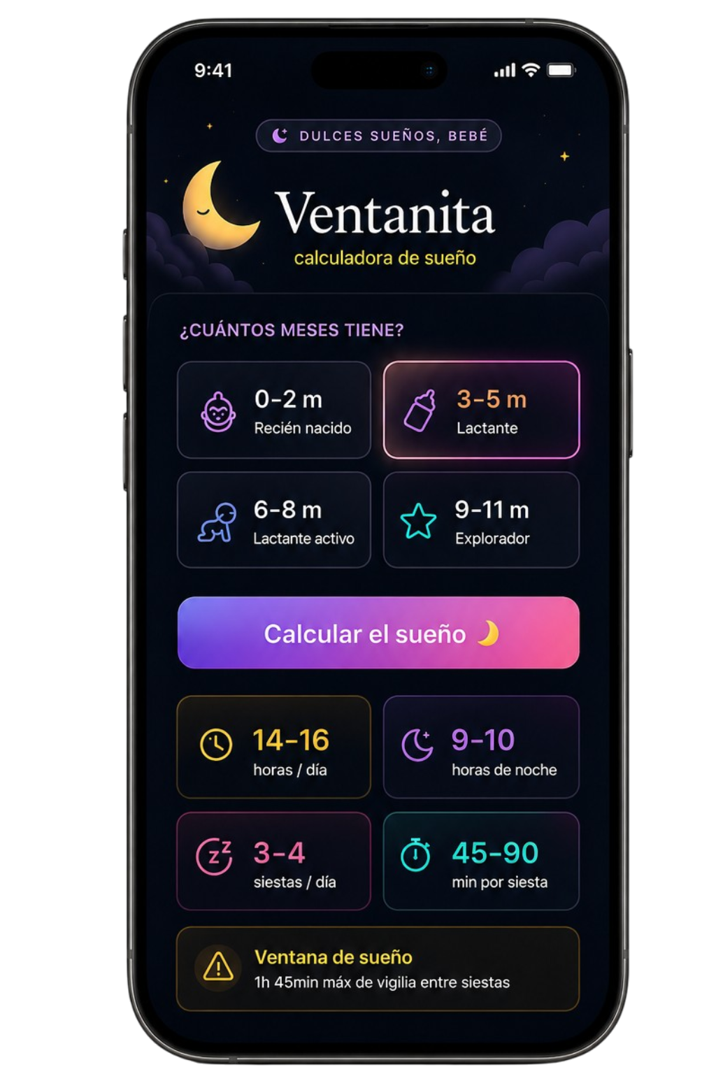 App Ventanita mostrando la calculadora de sueño
